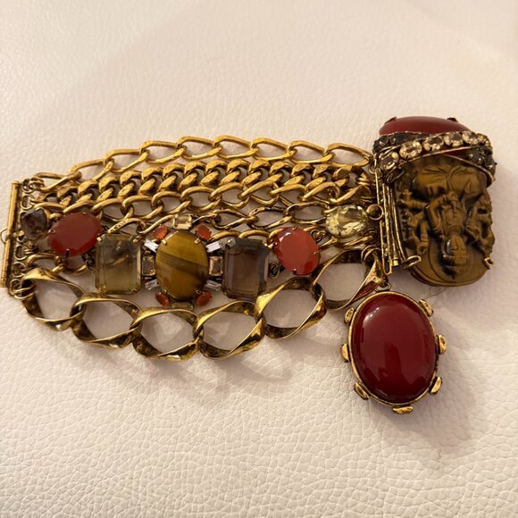 IRADJ MOINI SIGNED CITRINE TIGER EYE CARNELIAN STATEMENT BRACELET PIN BROOCH - Picture 8 of 12